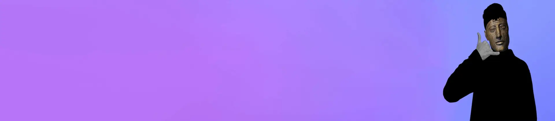 A mysterious figure wearing an ancient textured mask and black silhouette clothing, making a "call me" hand gesture against a purple and blue gradient background