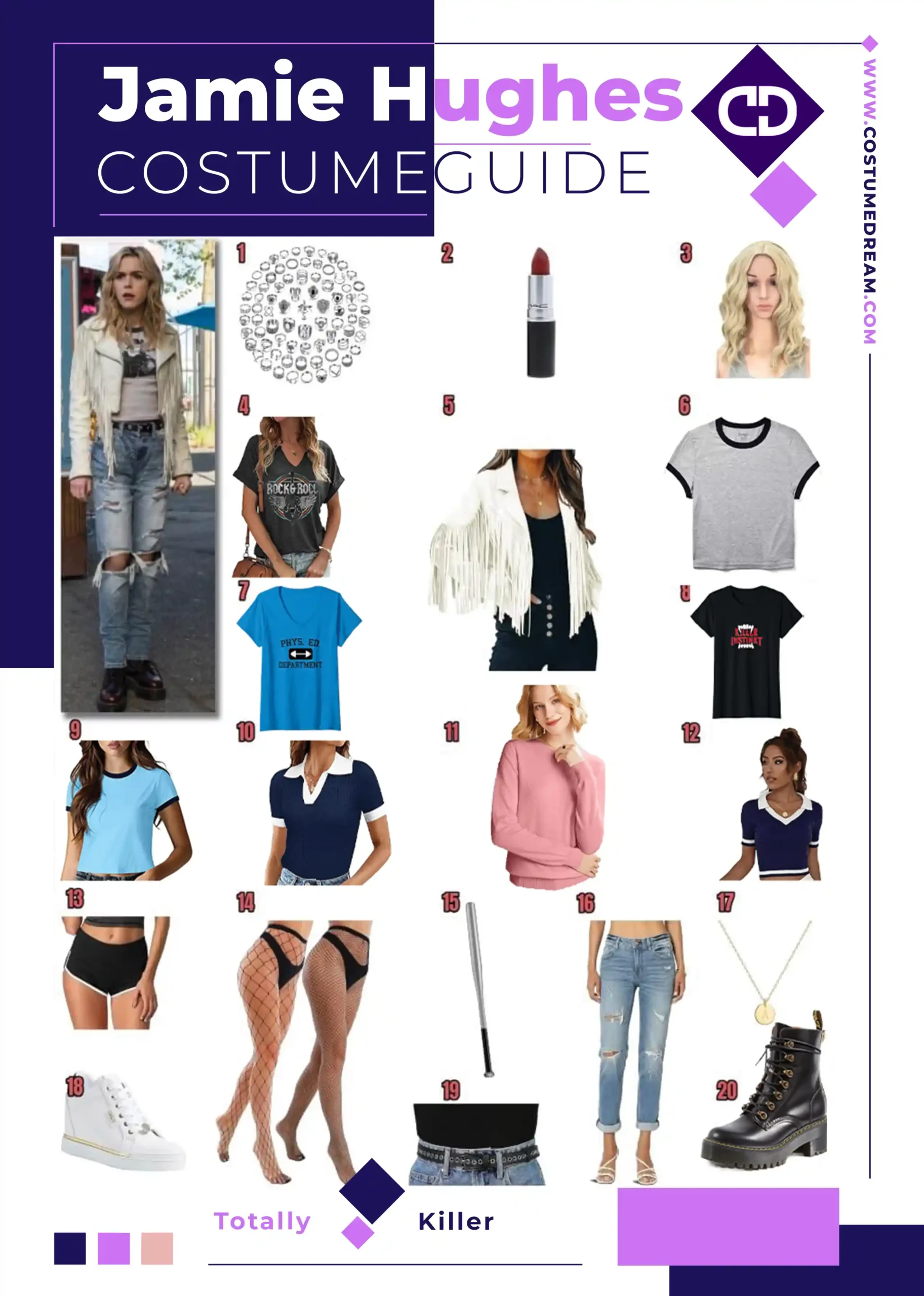 Jamie Hughes costume inspiration board with tees, fishnets, denim, sneakers, and fringe details