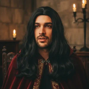 Nandor vampire makeup with pale face paint and lenses