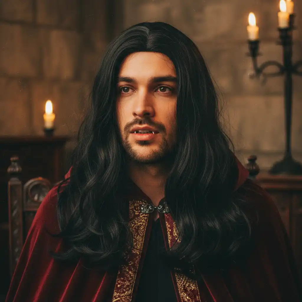 Nandor vampire makeup with pale face paint and lenses