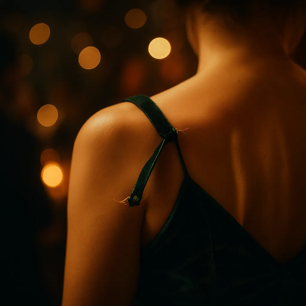 Close-up of hands using a safety pin to mend a broken dark green costume strap with frayed edges.