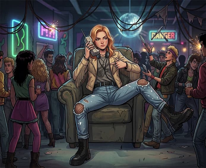 Jamie Hughes in a rocker fringe jacket costume sitting in an armchair holding a vintage brick cell phone at an 80s neon party.