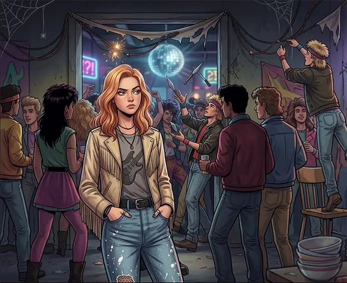 Jamie Hughes wearing a beige fringe jacket and distressed denim, standing with her hands in her pockets and looking skeptical at a crowded 80s neon party.