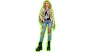 Jamie Hughes rocker costume featuring a beige fringe jacket, graphic t-shirt, distressed blue jeans with fishnet tights, and chunky black combat boots