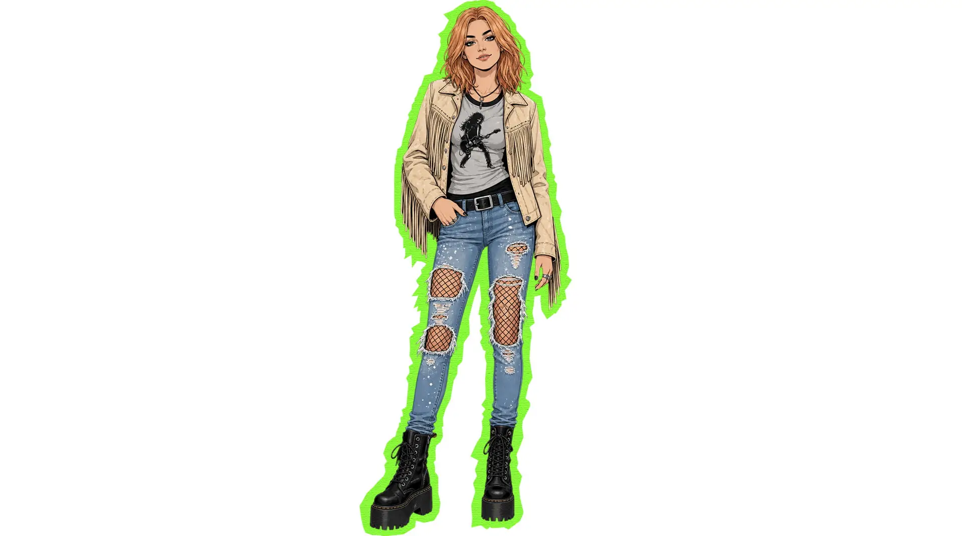 Jamie Hughes rocker costume featuring a beige fringe jacket, graphic t-shirt, distressed blue jeans with fishnet tights, and chunky black combat boots