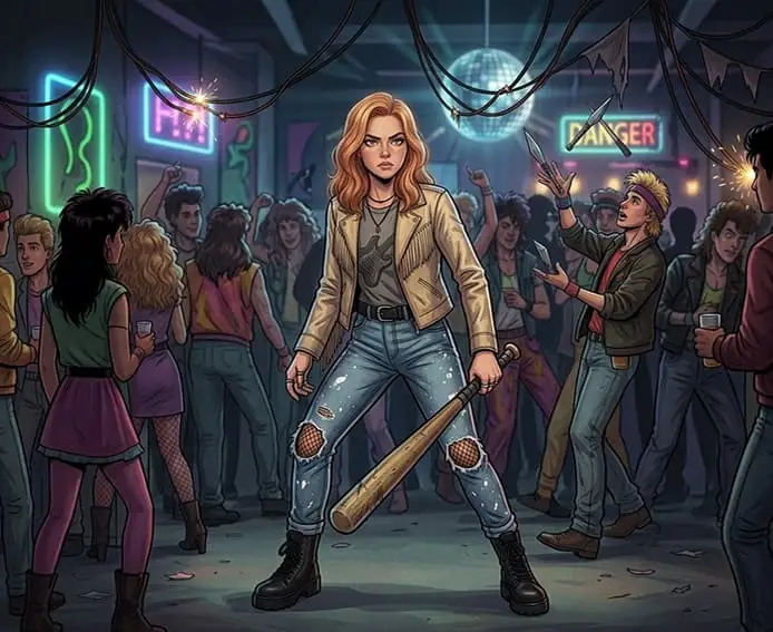 Jamie Hughes in a rocker costume holding a wooden baseball bat defensively in a neon-lit 80s party setting.