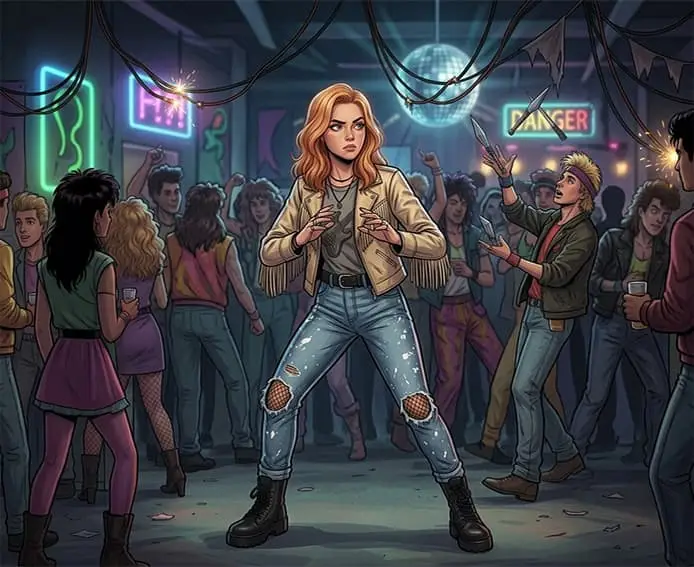 Jamie Hughes in a defensive combat stance wearing a fringe jacket and distressed jeans at a crowded retro neon party.