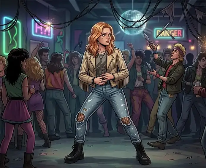 Jamie Hughes looking sad with a tear on her cheek, wearing her signature rocker outfit with hands clasped together at a lively neon-lit party.